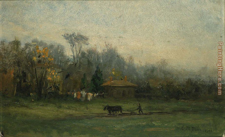 Edward Mitchell Bannister landscape with man plowing fields